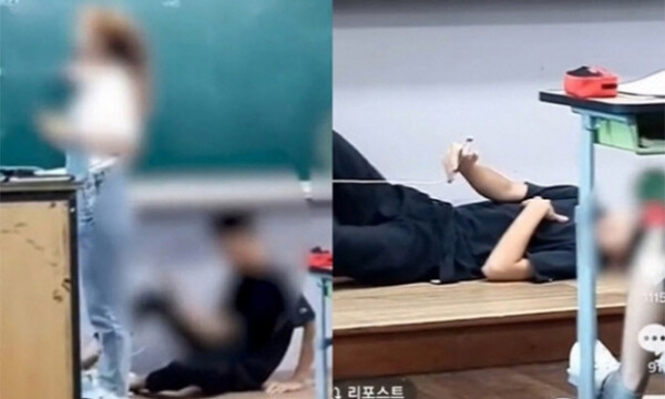 ▲ 한 남학생이 수업시간 교단에 누워 핸드폰을 하는 모습 (출처: 부산일보)